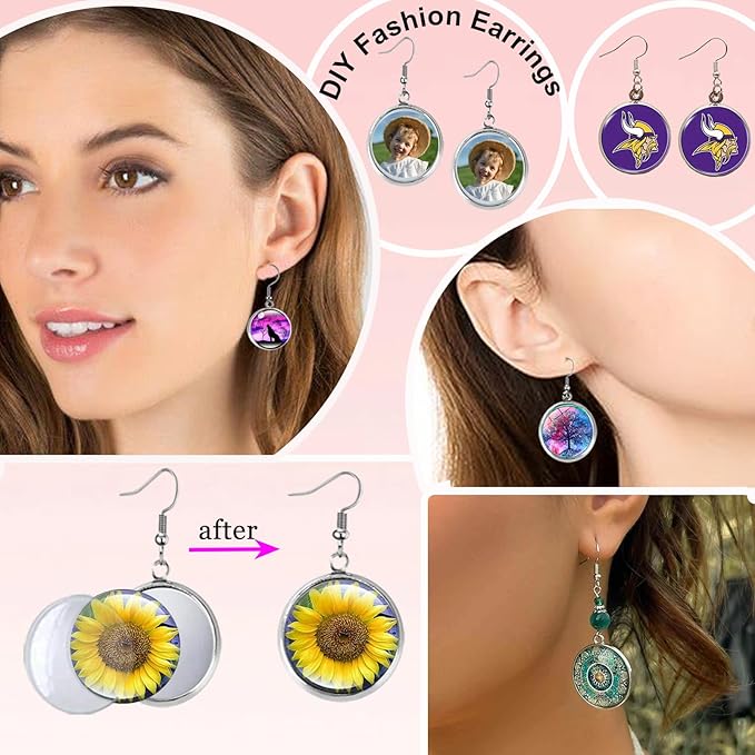Pendant Trays Set with Cabochon Glass, Round Pendant Bezel Blank Trays, Bracelet Bangles Earrings Hooks Blanks for DIY Photo Cameo Jewelry Crfats Making