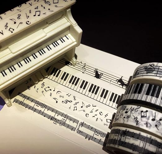 Black and White Piano Note Melody Keyboard Cat Staff Stave Score Music washi Tape Set of 4 Rolls - Decorative DIY Japanese Masking Scrapbook Notebook Planner | Length: 10m (10.93 Yards)
