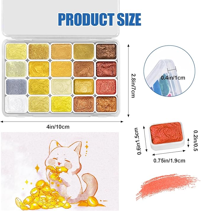 Mini Glitter Watercolor Paint Set, 20 Colors Shimmer Metallic Watercolour Painting Sets, Solid Pearl Water Color Paints for Adult, 1ml Trial Pack (Gold 20)