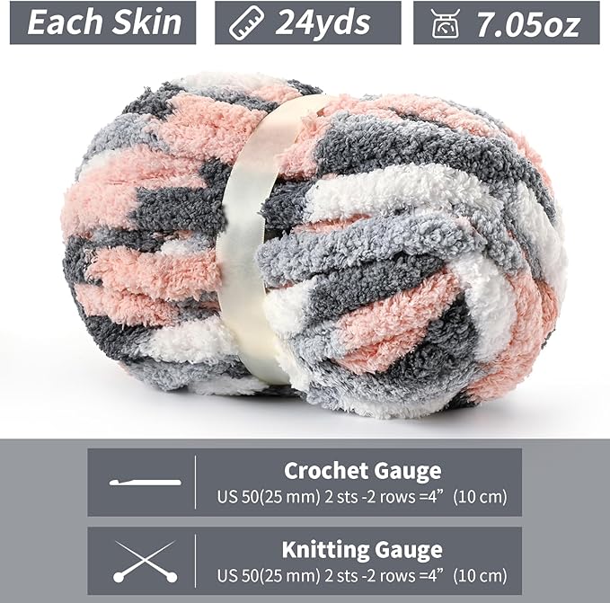 10 Pack Jumbo Chunky Yarn for Hand Knitting, Fluffy Chunky Chenille Yarn for Crocheting, Variegated Chunky Knit Baby Blanket Yarn, 240 yds /70.5 oz Super Bulky Yarn（Dark Grey-Pink-White）