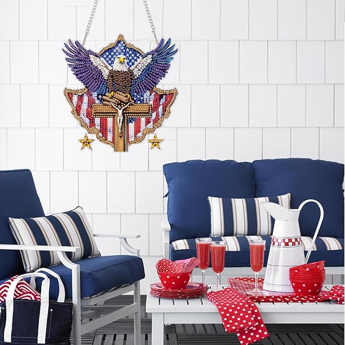 DOMROM 4TH of July Diamond Art Hanging Kit for Adult, Eagle Diamond Art Hanging Kit, Patriotic DIY Diamond Art, Independence Day Diamond Hanging Pendant, Window Pendants Garden Wall Hanging Ornament