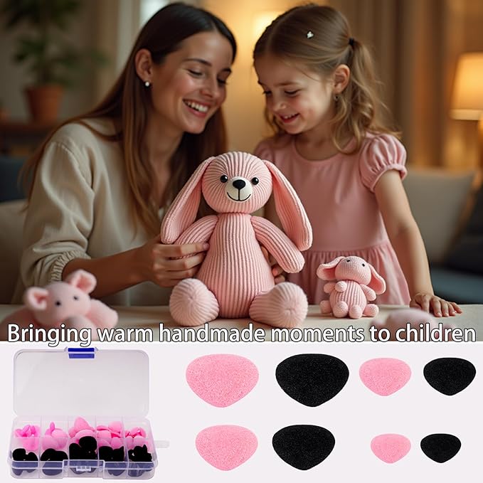HeXueLy 48-Piece Fuzzy Safety Noses with Washers for Stuffed Animals, Crochet Toys and Amigurumi Dolls, Plush Soft Noses in Multiple Sizes for Teddy Bear and DIY Plush Making Kits