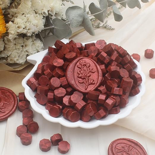 600pcs wine red wax seal beads, andotopee premium sealing wax beads for stamp seals, octagon wax pellets refill pack for wax seal kit, wedding invitation decor, letter envelope seal, diy crafts