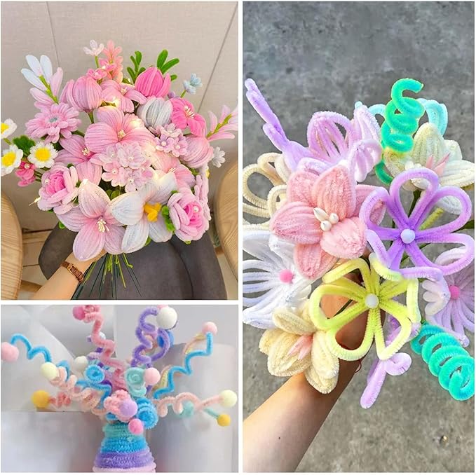 Peryiter 371 Pipe Cleaners Flowers Set, Mixed Colors Chenille Stems Bulk with Floral Wires, Gardening Tape, Stamen for DIY Flower Making Kit, Gift Idea for Mother's Day(Macaron Color)
