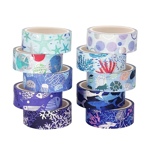 Blue Ocean Washi Tape Set 10 Rolls Bronzing Sea Decorative Masking Tapes for Scrapbooking, Journal, Planner, DIY Crafts, Gift Wrapping