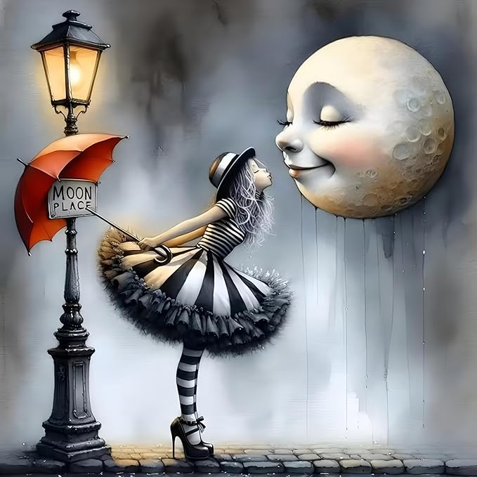 Diamond Art Kits for Adults Girl Kissing the Moon, DIY 5D Diamond Painting Kit for Beginners, Full Round Drill Gem Art Dots for Adults, Diamond Dots Paintings Crafts Home Wall Decor 14X14 Inch