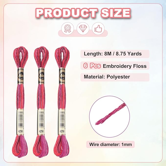 PATIKIL 6 Skeins Embroidery Floss, Polyester Embroidery Threads Bracelets String for Cross-Stitch Hand Embroidery, Red Purple
