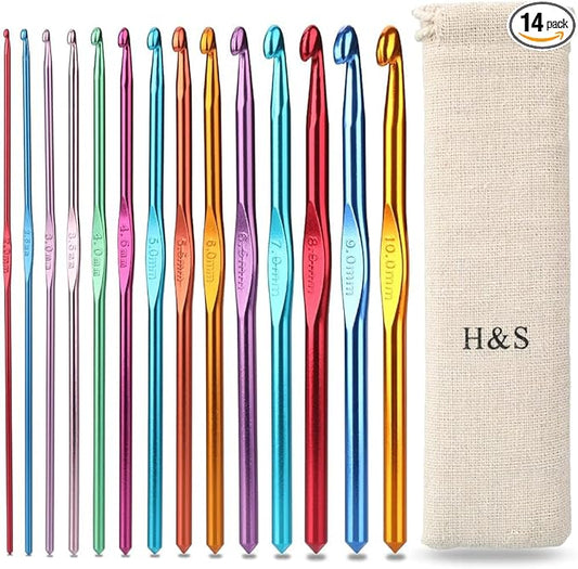 H&S Crochet Hooks Set Aluminium 14pcs Needles with Pouch Case 2mm 2.5mm 3mm 3.5mm 4mm 4.5mm 5mm 5.5mm 6mm 6.5mm 7mm 8mm 9mm 10mm