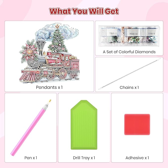 MOGTAA Christmas Diamond Art Hanging Kits for Adults Kids, Christmas Train Diamond Art Suncatchers, 5D Special Shape Diamond Painting Window Pendant Kit for Home Garden Wall Decor
