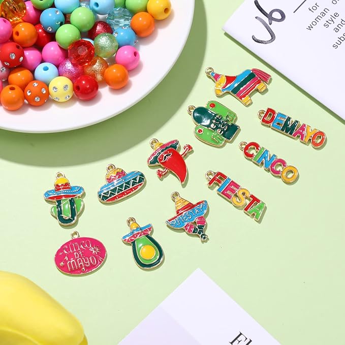 2750PCS Mexican Beads Colorful Cinco De Mayo Fiesta Beads for Jewelry Making, Polymer Clay Beads Crystal Acrylic Bead Enamel Sombrero Chili Fiesta Charms for Bracelet Necklace Making DIY Crafts
