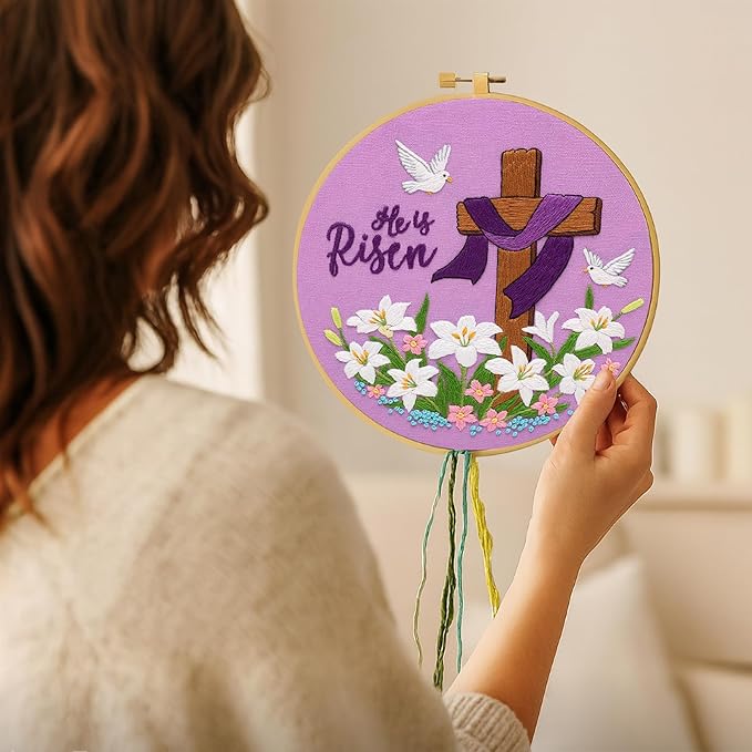 Nuberlic Lily Pattern Embroidery Kits for Beginner Adults, Cross Stitch Starter Kit with Embroidery Hoop Needles Threads Instruction -Easter Jesus