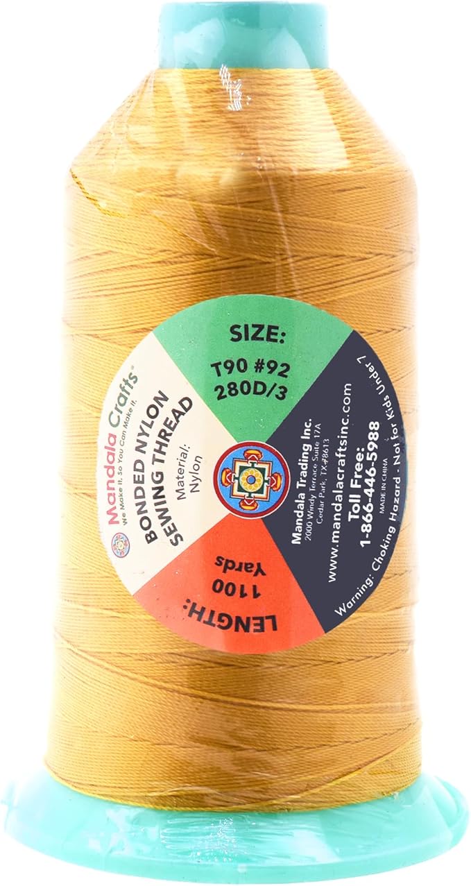 Mandala Crafts Size 92 280D T90 Bonded Nylon Thread - Gold 1100 YDs Tex 90 Heavy Duty Sewing Threads for Leather, Jeans, Weaving, Outdoor Marine Upholstery