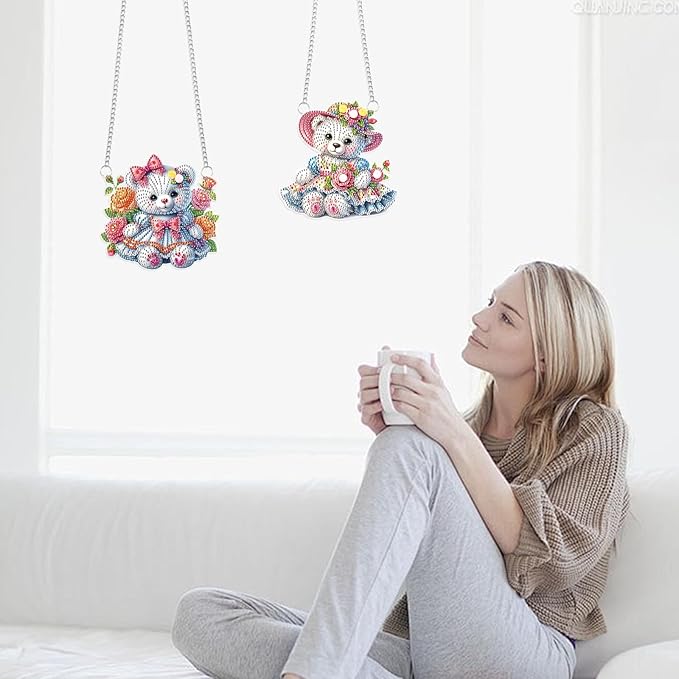2 Pcs Diamond Painting Hanging Ornaments – Cute Teddy Bear Doll Design with Floral Patterns, DIY Acrylic Craft Kit for Home Decoration, Gifts & Crafts