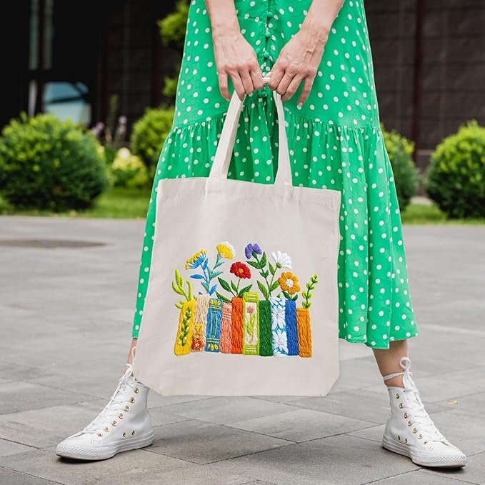 louise maelys embroidery kit canvas tote bag for beginners,cross stitch kits for adults,diy books flowers pattern,women shopping reusable grocery bags