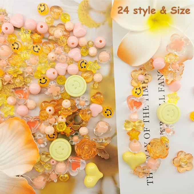 540pcs Acrylic Orange Beads - Assorted Pastel Candy Color Heart Star Butterfly Round Plastic Beads for Bracelets, Necklaces & DIY Crafts