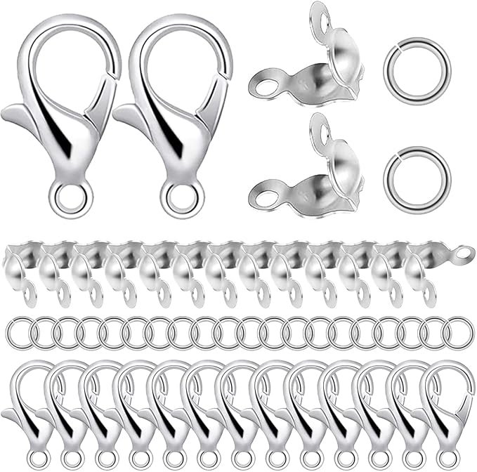1250 Pieces Jewelry Making Accessories Set Includes 800 Pieces Open Jump Ring Connectors 300 Pieces Bead Tips Knot Covers and 150 Pieces Lobster Claw Clasps for DIY Jewelry Crafts Making (Silver)