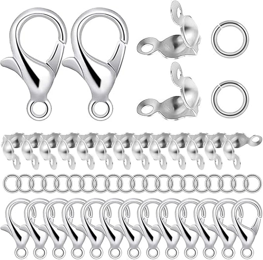 1250 Pieces Jewelry Making Accessories Set Includes 800 Pieces Open Jump Ring Connectors 300 Pieces Bead Tips Knot Covers and 150 Pieces Lobster Claw Clasps for DIY Jewelry Crafts Making (Silver)