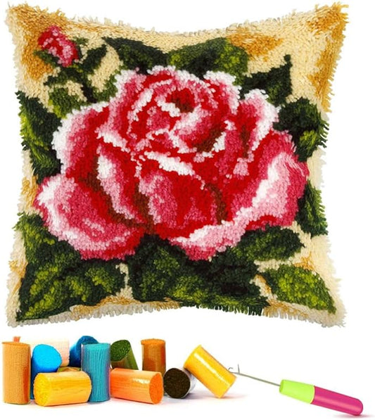 EMISTEM Latch Hook Kits for Adults - Latch Hook Pillow Kits, Crochet Yarn Kit for Beginners, DIY Needlework Crafts Cover Case with Printed Canvas, (Red Rose,17x17 inch)