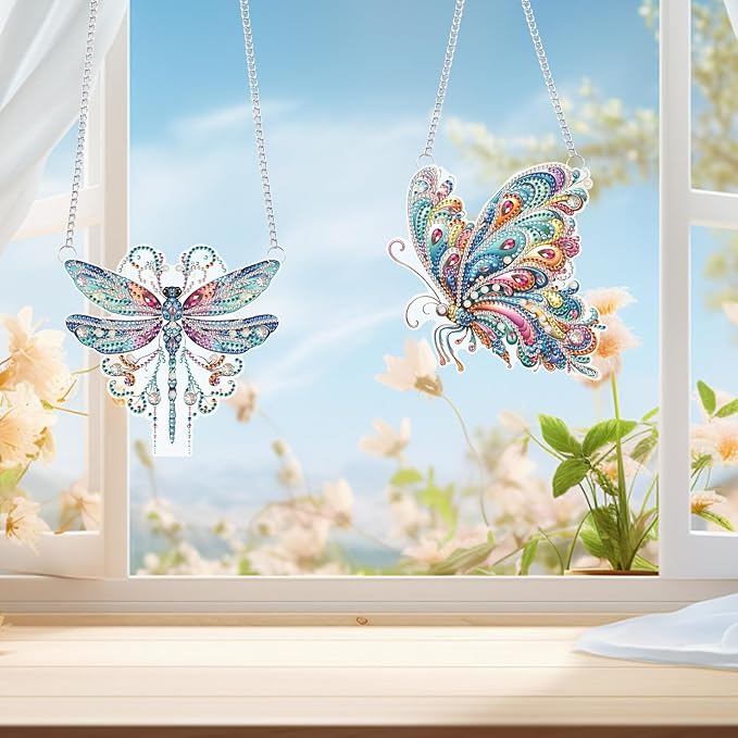 2 Pack Dreamy Dragonfly and Butterfly Diamond Art Pendants Ornaments – 5D Diamond Painting Hanging Decorations with Rhinestones – Acrylic Art Charms for Home, Car, or Gift
