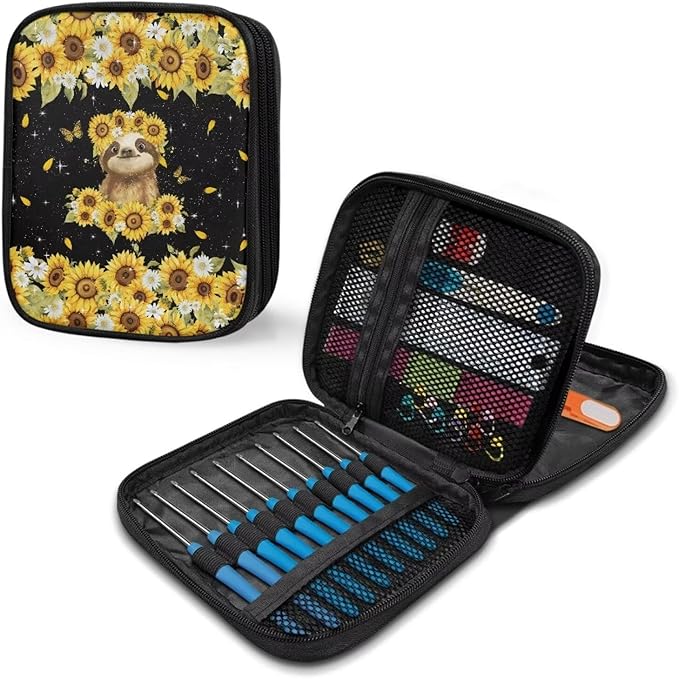 Hechitok Sloth Sunflower Crochet Hook Case Zipper Storage Organizer Bag with Pockets for Various Crochet Needles/Knitting Accessories/Crochet Hook Kit Tools