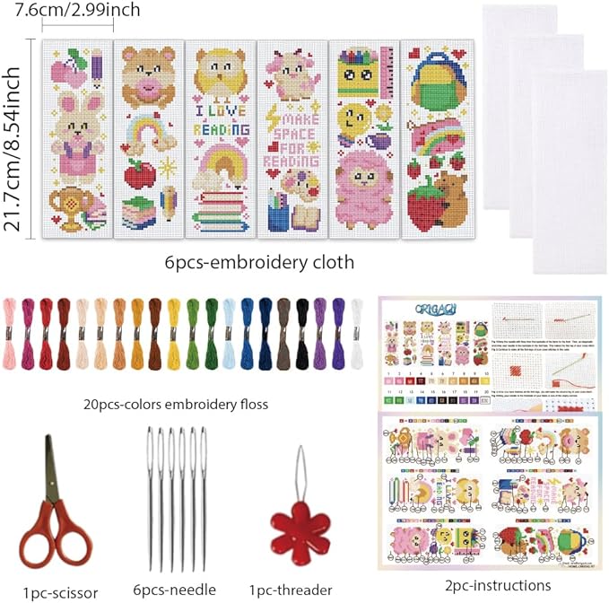 ORIGACH 6 Set Cartoon Animal & Reading Elements Cross Stitch Bookmark Kit for Beginner with Backing Felt Floss Instructions DIY Stamped Embroidery Bookmark Kit for Adults, Book Lovers