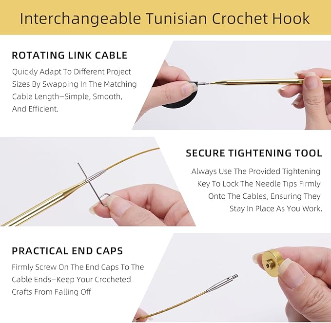 AIYUNDI Tunisian Crochet Hooks Set with Cable, 6-Inch Gold-Plated Aluminum Interchangeable Crochet Hooks 3mm-10mm, Long Crochet Hooks, Lightweight, Anti-Twist Swivel Cables, Ergonomic, Gold 26 PCS