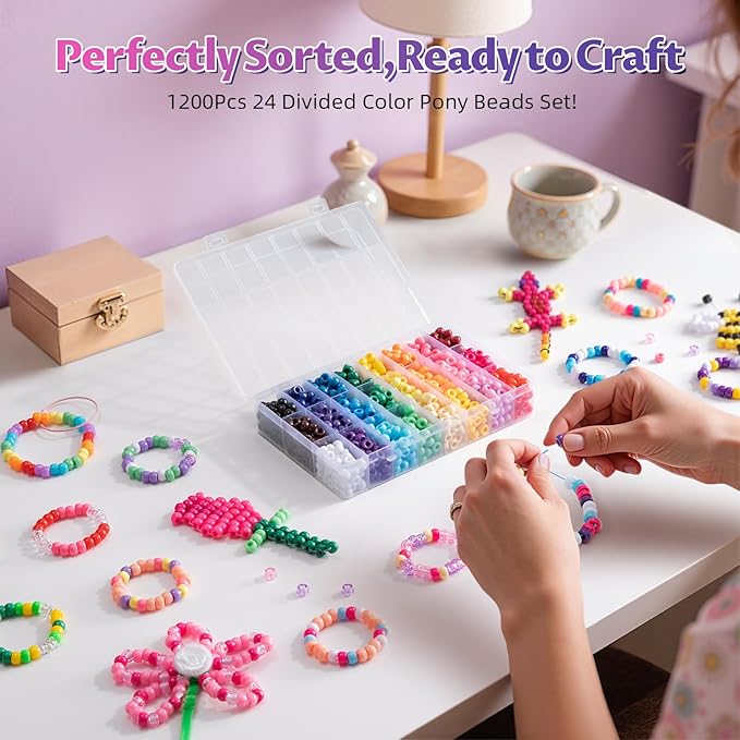 Simetufy 1200Pcs Pony Beads, 24 Colors Kandi Beads for Bracelet Making Hair Braiding DIY Crafts Kandi Jewelry Key Chains Christmas Gifts