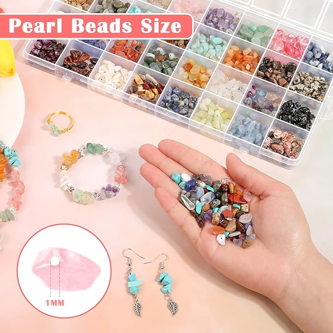 Jollidecor 32 Colors Crystal Stone Beads for Ring Making, Crystal Chips Gemstone Beads Kit Assorted for Jewelry Bracelets, 5mm to 8mm Irregular Rocks Beads Necklace Earring Craft DIY Supplies