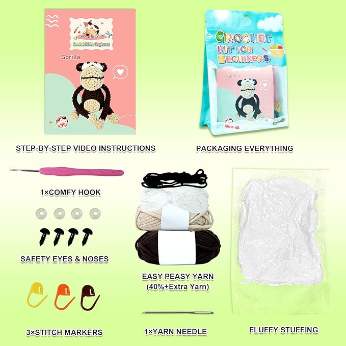 Kovarela Beginners Crochet Kit with Simple Crochet Yarn Yarn - with Step-by-Step Video Tutorials (Monkey)