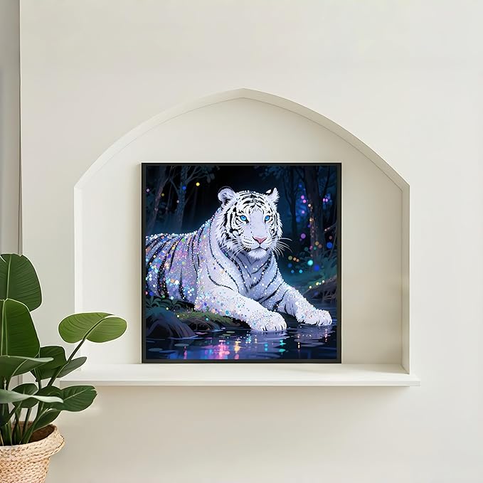 Diamond Art Kits for Adults White Tiger, DIY 5D Diamond Painting Kit for Beginners, Animal Full Round Drill Gem Art Dots for Adults, Diamond Dots Paintings Crafts Home Wall Decor 14X14 Inch