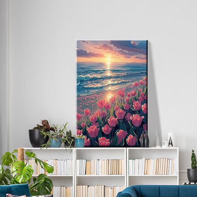 ATDMS Paint by Numbers Kit for Adults with Easel DIY Tulips Adult Paint by Number Kits on Canvas Framed Oil Painting Kits for Wall Hanging Home Room Decor 7.87x11.81 Inch