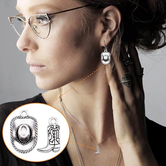 60pcs Silver Western Cowboy Charms Pendants Alloy Horse Cowboy Boot Hat Dangle Charms for DIY Earrings Bracelet Necklace Jewelry Making