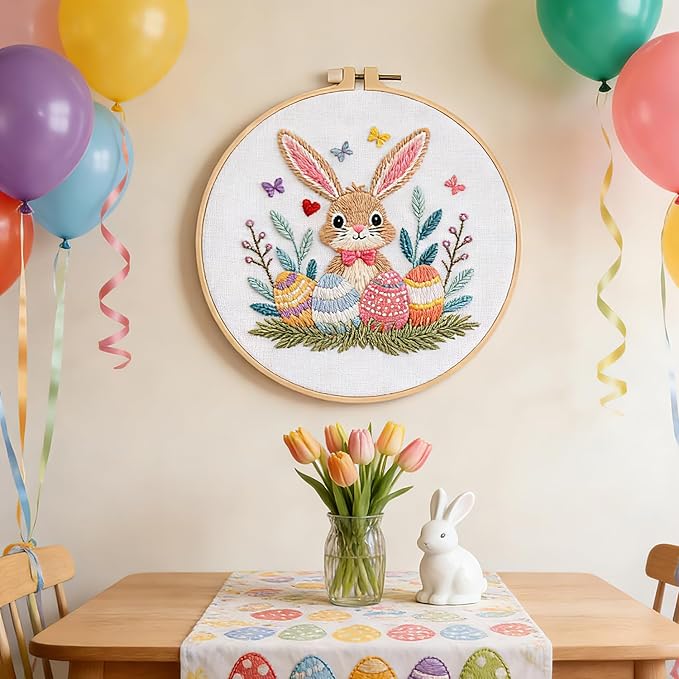 BBLYBD Easter Embroidery Kit, 4 Set Cross Stitch Craft Kits for Beginners with Pre-Printed Embroidery Fabric, Hoops, Step-by-Step Instructions, Color Threads & Needles (Easter)