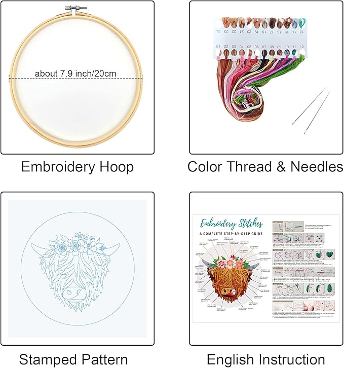Louise Maelys Highland Cow Stamped Embroidery Kits for Beginners, Cross Stitch kit for Adults Include Instruction,Cloth,Hoop, Needles, Color Threads
