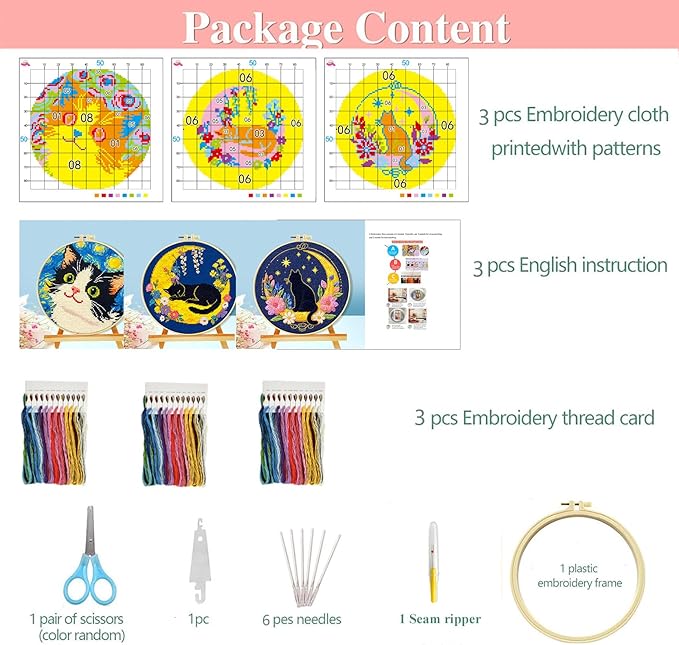 Zhenqing Night Sky Cats Cross Stitch Kit - 3-Piece Set with Pre-Printed 11CT 24x24cm Fabric, Hoop & Tools, Starry Night Theme for Beginners (70413)