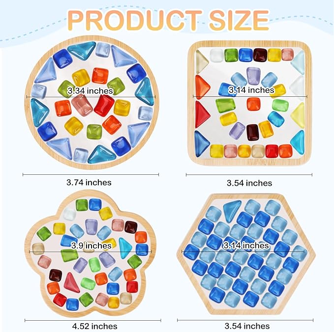 SAYAYA 4 Sets DIY Glass Mosaic Tiles with Bamboo Coasters with Multi Shape Bamboo Coaster for Adults for Handmade Home Christmas Halloween Birthday Decoration Gift (Multi-Shape Set)