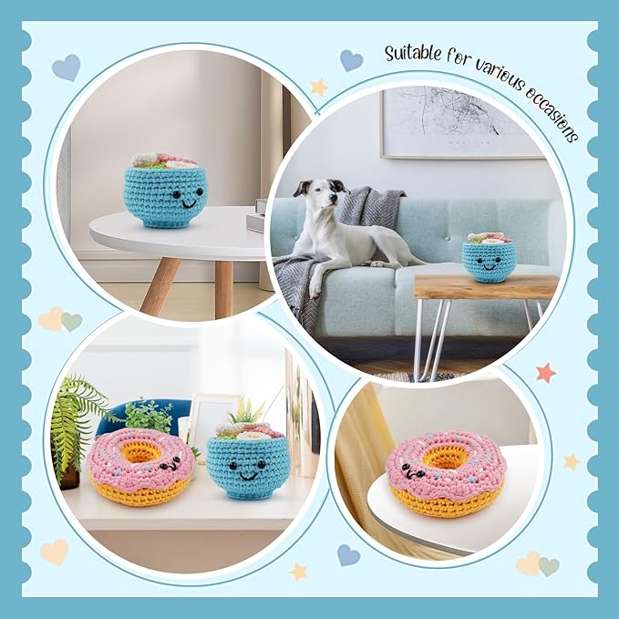 LetCartMaker Beginner Amigurumi Crochet Kit with Video Tutorials - Pizza, Croissant or Dessert Theme | Complete Starter Set for Kids & Adults (Yarn, Hook, Eyes Included) (Donut & Dessert Cup Duo)