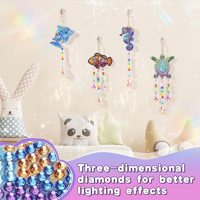 Diamond Art Kits for Kids - Crafts Gifts for Girls 8-12, 4 Pcs Double Sided Sea Animal Style Wind Chime, Hanging Crystal Rhinestone Painting Ornament