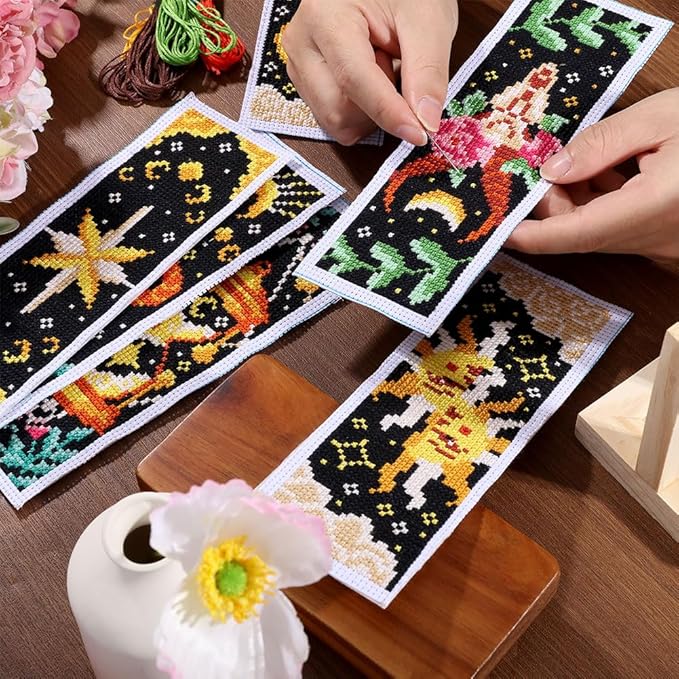 ORIGACH 6 Pcs Cross Stitch Bookmark Kit for Beginner Adults, Tarot The Sun and Star Stamped Embroidery Bookmark Kit with Instruction for Starters Printed Cross Stitch DIY Kits for Book Lovers