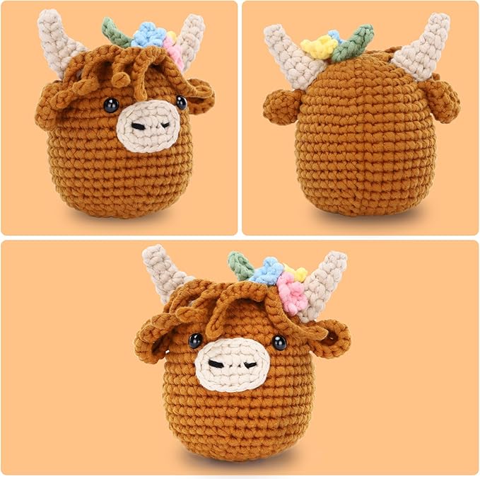 Crochet Kit for Beginners: Highland Cow Crochet Kit, Include Easy Knitting Soft Yarn, Step-by-Step Video Tutorial, Hook, Birthday Gift for Adults and Teen(30%+ Yarn)