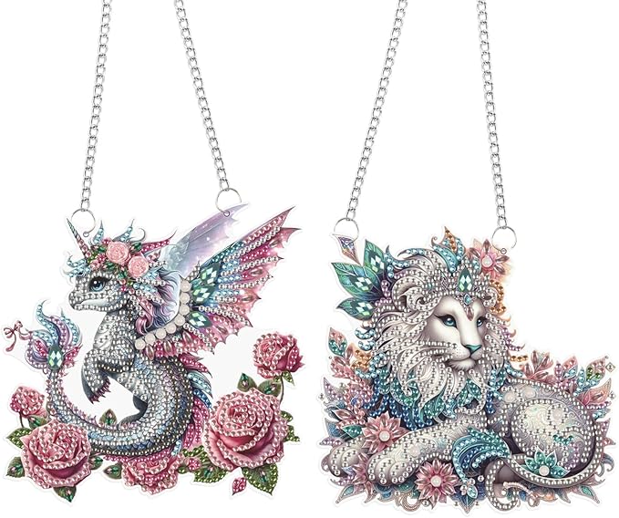 2 Pcs 5D DIY Diamond Painting Pendants – Rose-Adorned Flying Dragon & Prince-Style Lion Hanging Ornaments, Irregular Diamonds, Acrylic Wall & Window Decor, Handmade Gift Craft Kits