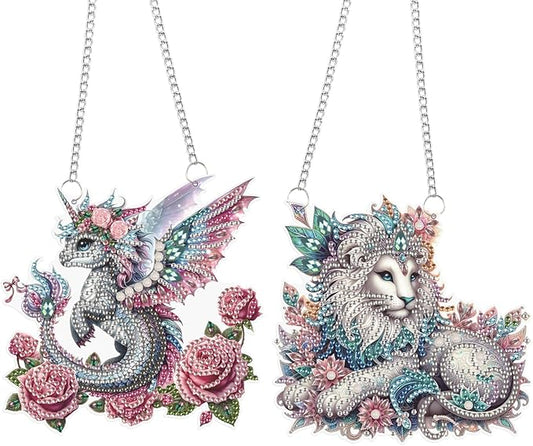 2 Pcs 5D DIY Diamond Painting Pendants – Rose-Adorned Flying Dragon & Prince-Style Lion Hanging Ornaments, Irregular Diamonds, Acrylic Wall & Window Decor, Handmade Gift Craft Kits