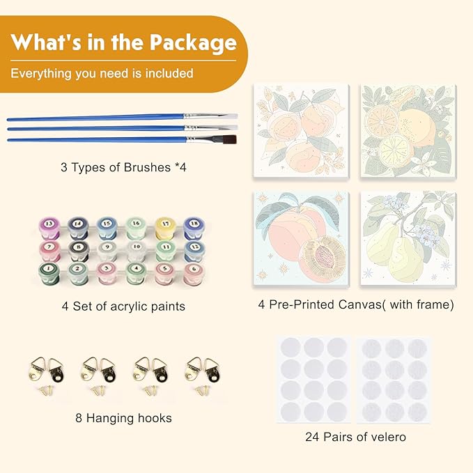 4 Pack Paint by Number for Kids with Wooden Frame, Lovely Watercolor Fruit Paint by Numbers for Kids Ages 8-12, Orange, Lemon, Peach, Pear, DIY Acrylic Oil Painting for Home Wall Decor 8X8 inch