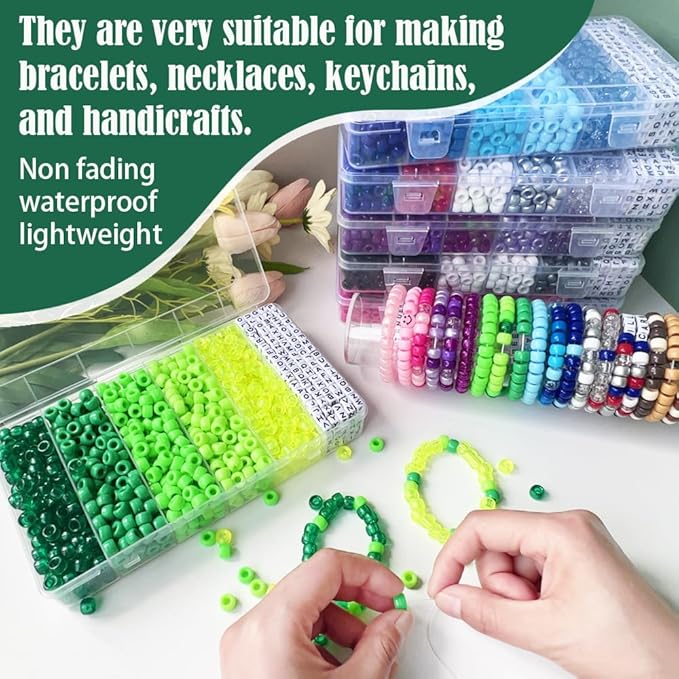 MIIIM 1300 Pcs Pony Beads Kit for Friendship Bracelet, 6 Styles Kandi Bracelet Kit in Box with Individual Compartments, Hair Beads for Braids, Letters (Green Shades)