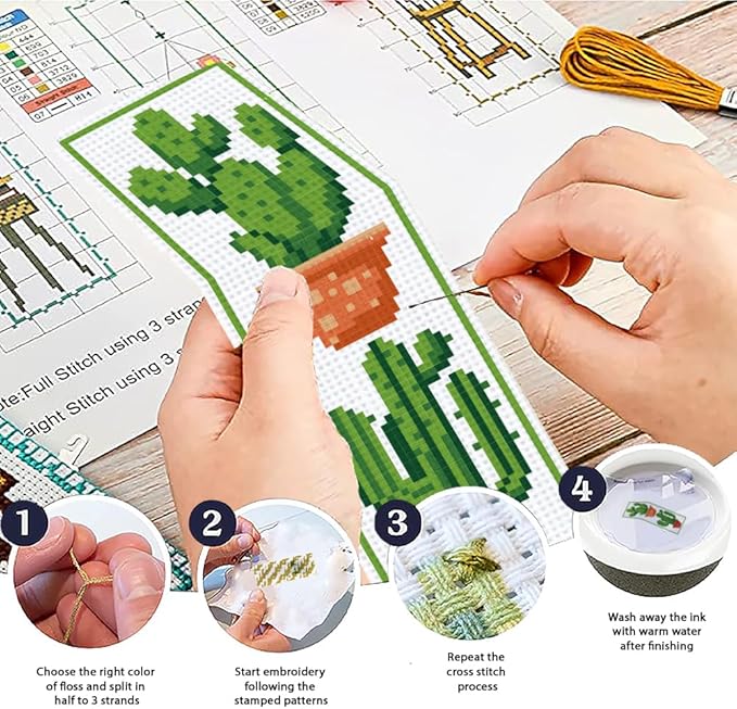ACRNIGHEET 6PCS Cactus Cross Stitch Bookmark Kit for Beginner Stamped Cross Stitch Kits for Adults DIY Embroidery Bookmark Kits Crossstitch Kits Adult with Instructions Hand Craft Gift 11CT