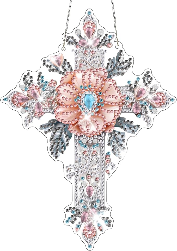 NAIMOER Diamond Art Hanging Kits for Adults, Cross Diamond Art Suncatchers, 5D Special Shape Fall Diamond Painting Pendant Window Ornament Gifts for Home Garden Door Wall Decor