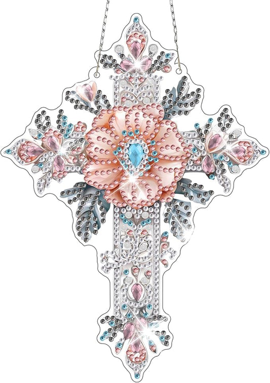 NAIMOER Diamond Art Hanging Kits for Adults, Cross Diamond Art Suncatchers, 5D Special Shape Fall Diamond Painting Pendant Window Ornament Gifts for Home Garden Door Wall Decor