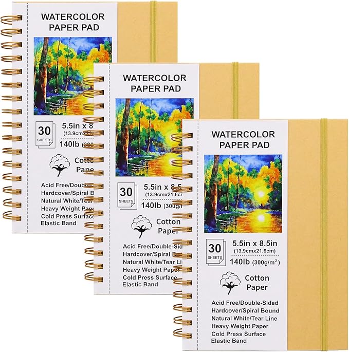 Watercolor Paper Pads, 5.5x8.5, 3Pack, Kraft Hardcover Sketch Books, 140lb/300gsm Heavyweight Cotton Paper, Spiral Bound, Cold Pressed, Dual-Sided(Smooth&Texture), Painting Paper for Artists Students
