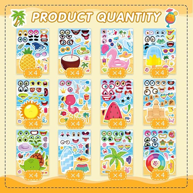 48 sheets summer stickers for kids, make a face sticker hawaii tropical pool beach sticker, make your own watermelon pineapple flamingo stickers for tropical luau party, summer holiday party favors