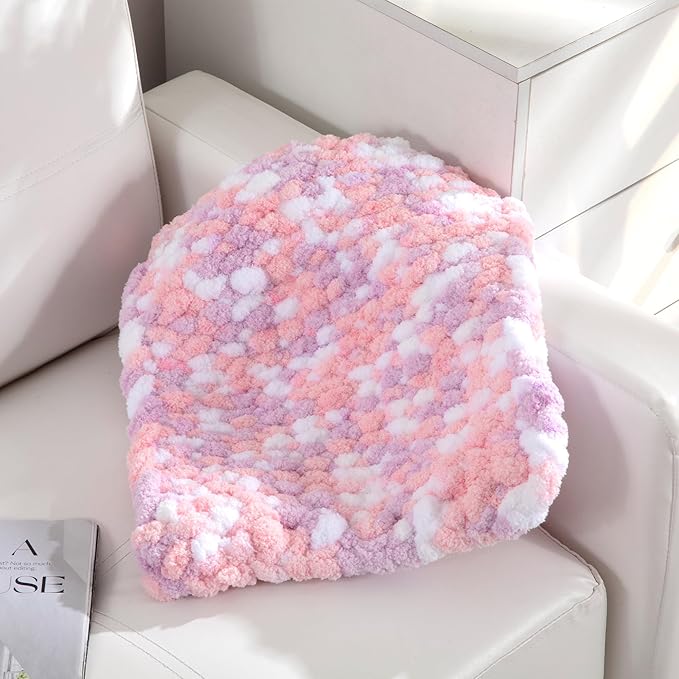 HOMBYS Chunky Tie Dye Mix Chenille Yarn for Hand Knitting, Super Bulky Jumbo Yarn for Crocheting, 3/4" Thick Soft Plush Yarn for Blankets, 8 Skein Pack (26 yds / 7.5 oz Each) Pink Purple